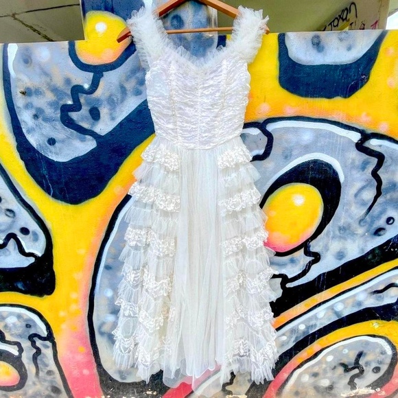 Vintage Dresses & Skirts - 1950s white tulle & lace cupcake dress boned corset bodice multi layer peplum
